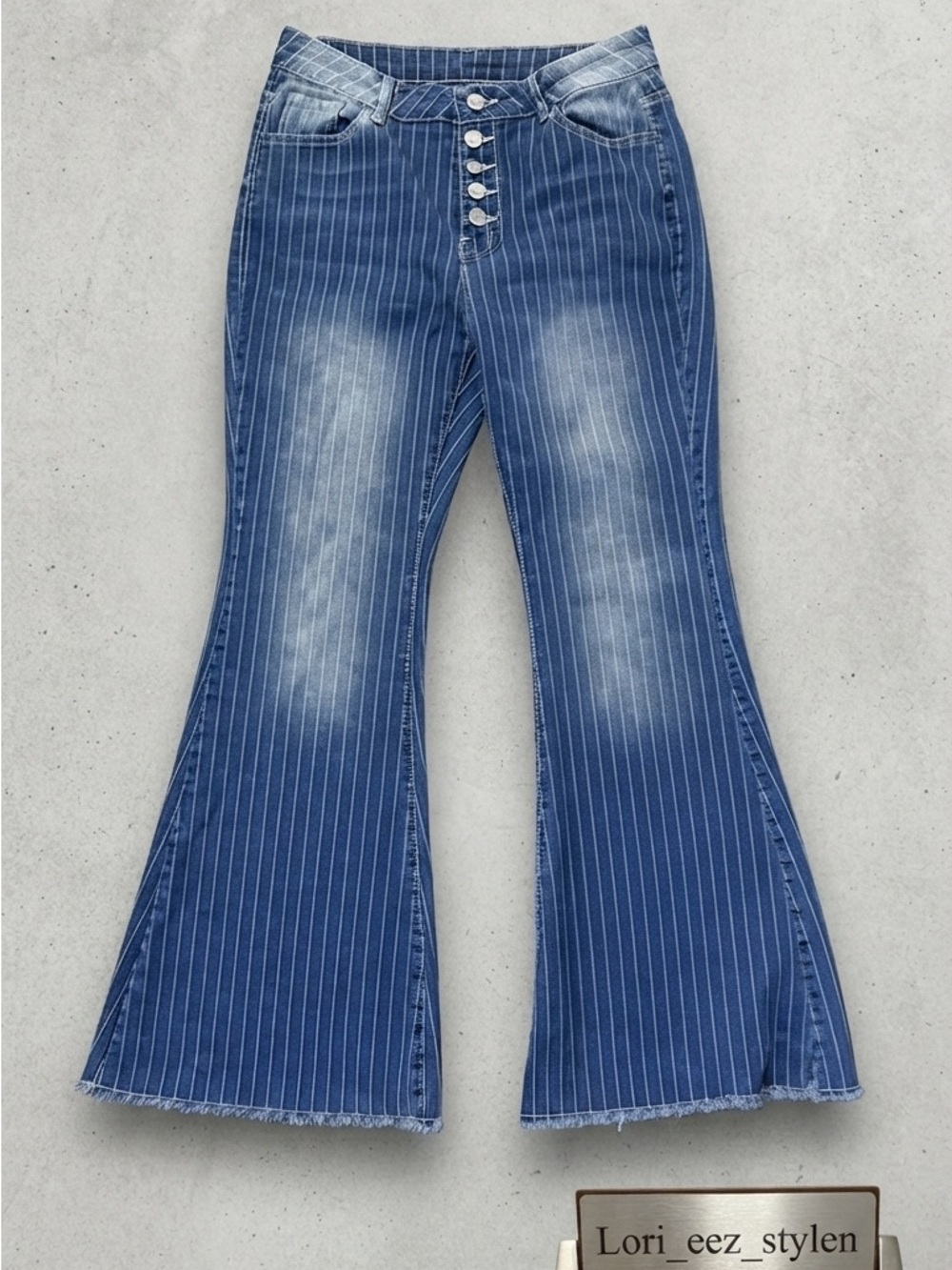 Striped Blue Flare Jeans with Button-Front Waist